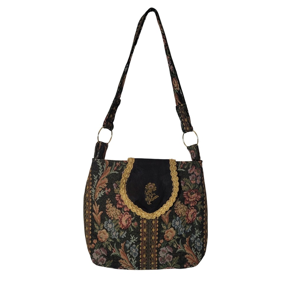 Floral Rose Tapestry Shoulder Bag Gold Trim Flower Charm Boho Woven Handbag